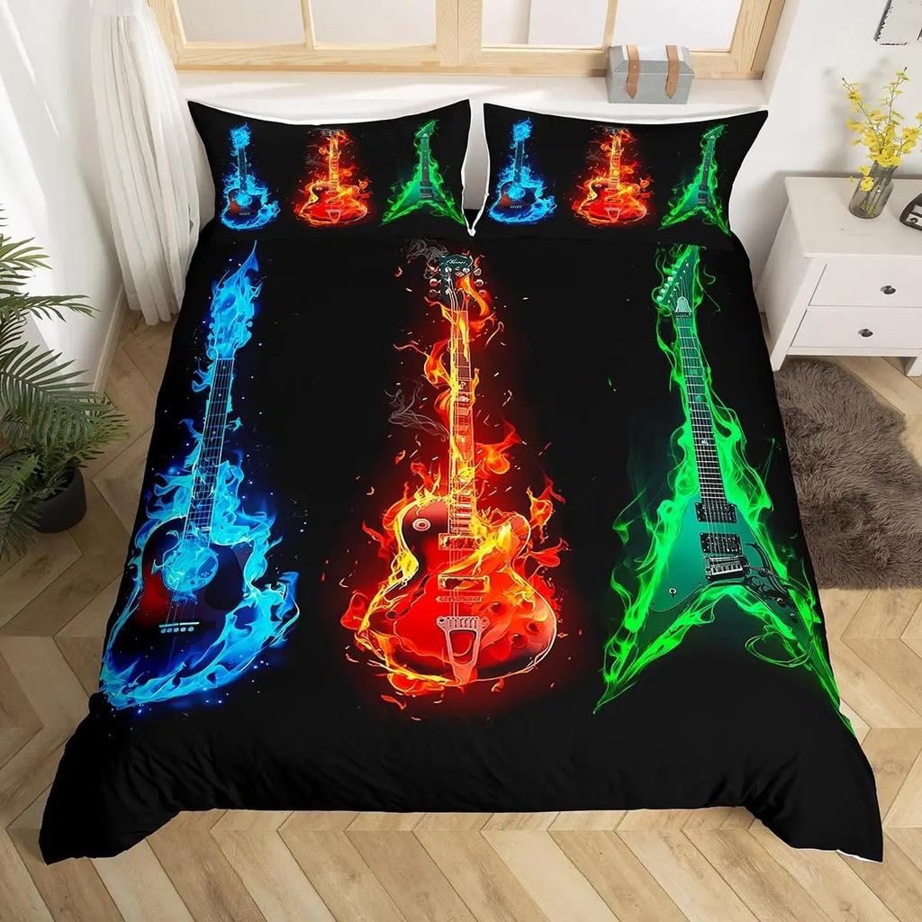 Music Guitar Duvet Cover King Queen Black White and Grey Graffiti Bedding Set Musical Notes Comforter Cover Musical Quilt Cover
