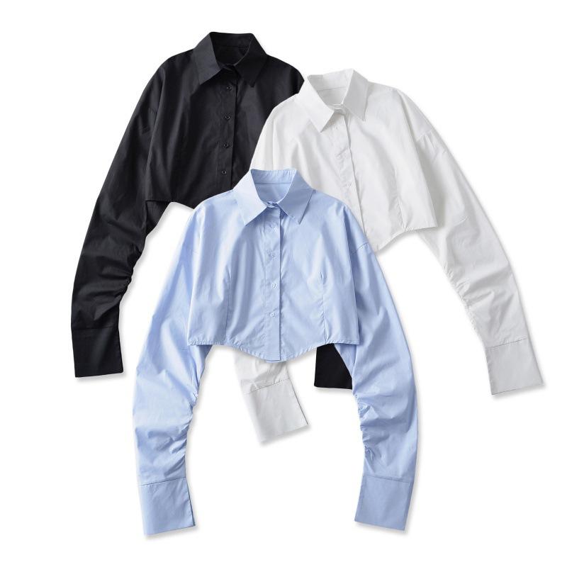 Рубашка с длинными рукавами, однотонная, модная женская одежда в европейском и американском стиле, однобортная короткая рубашка, топ