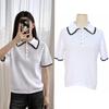 Women's M Family French Color Block Short-Sleeve Crochet Collar Polo Knit Top - Spring/Summer 2025
