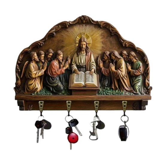 Wall Mount Key Holder Wooden Carving Jesus Themed Key Organizer Multi-purpose Home Office Entryway