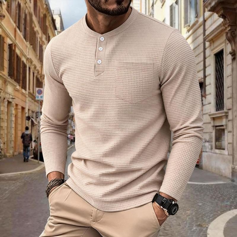 Мужская вафельная футболка-henley с длинным рукавом и карманом