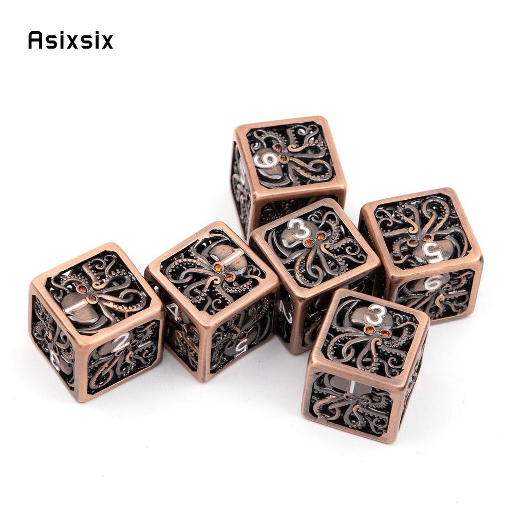 6 Pcs Coppery Squid Metal Dice Hollow Metal Polyhedral Dice Set Suitable for Role-Playing RPG Board Game Card Game
