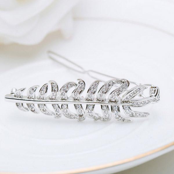 LUOTEEMI Hot Selling Fashion Stylish Leaf Shape Luxury Zircon Crystal Feather Wedding Braid Hairpin