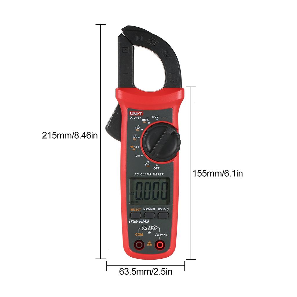 UNI-T UT201+ Цифровые клещи на 4000 отсчетов Мультиметр True RMS Амперметр с клещами Измеритель напряжения NCV