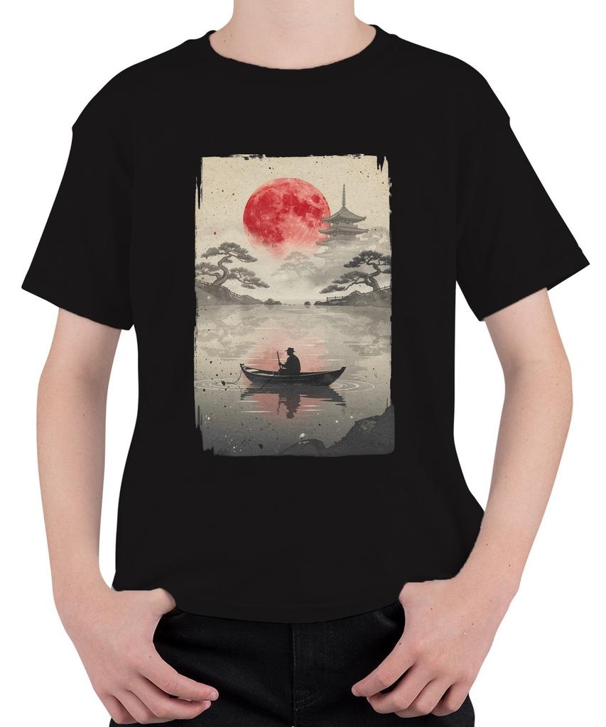 Japan Pagoda Red Moon Angler Boat Lake Vintage Retro Zen Nippon Kids T-Shirt