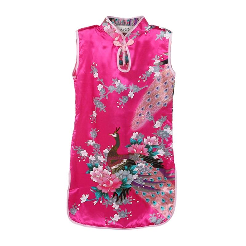 Летнее детское китайское платье Cheongsam без рукавов с принтом павлина для девочек