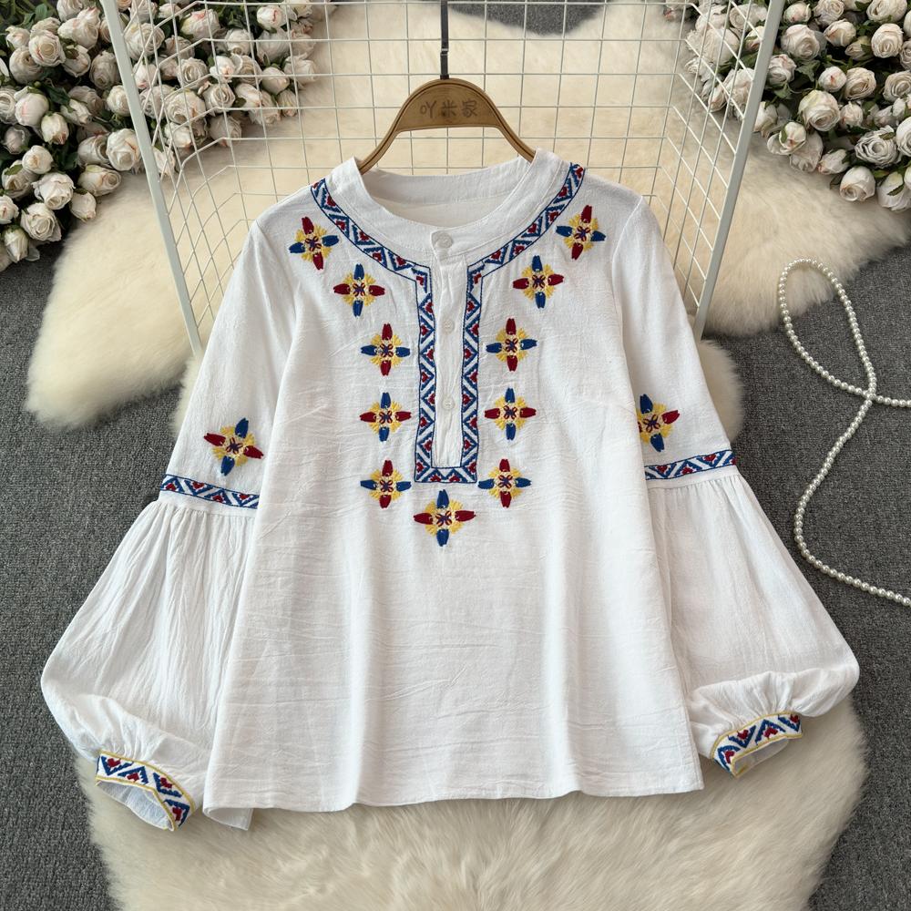 Женская блузка в этническом стиле с круглым вырезом и вышитыми рукавами-фонариками в стиле ретро, летние женские топы с цветными блоками