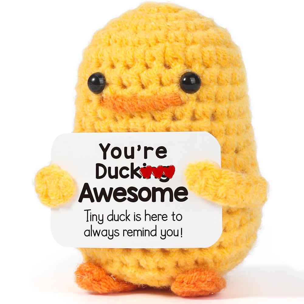 Positive Energy Duck Handmade Plush Wool Knitting Doll With Card Funny Crochet Duck Ornament Christams Gift Home Room Decoration