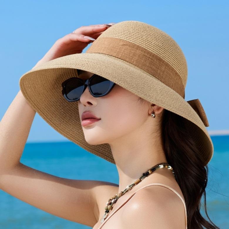 Ladies Straw Hat Sun Hat Bow Elegant Resort Beach Hat Sun Hat Big Brim