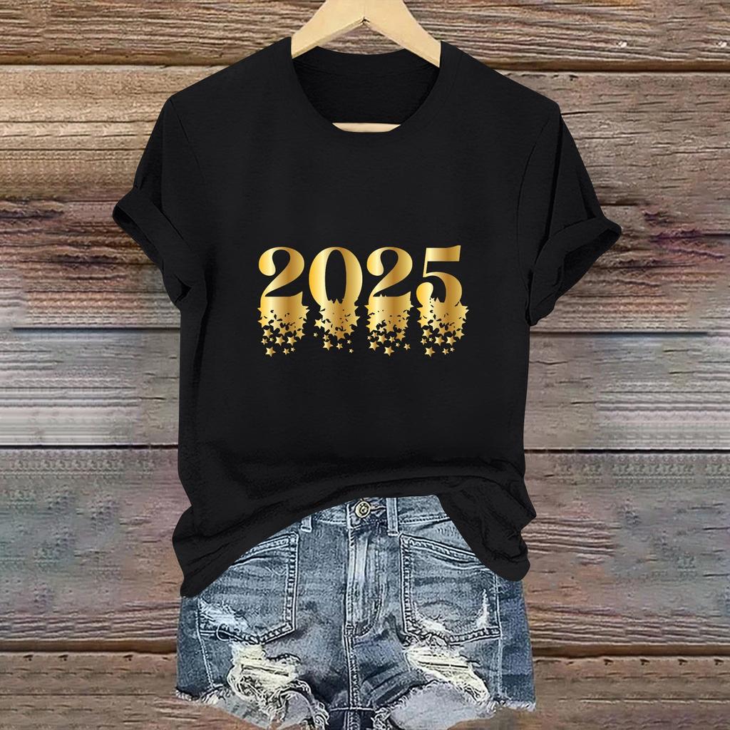 Ladies Casual 2025 New Year Printed Round Neck Short Sleeve T-Shirt Top