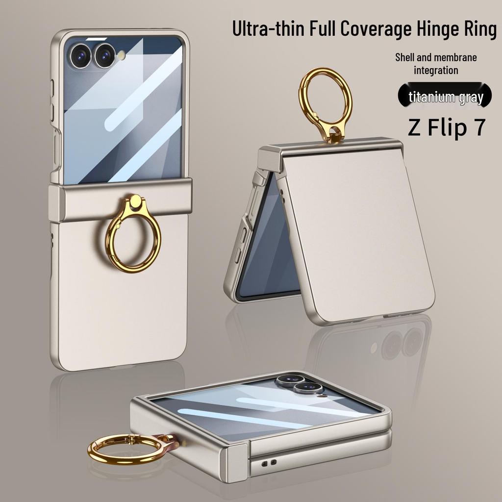 Чехол-накладка Samsung Z Flip7 с полной защитой, однотонный, с защитой шарнира и встроенной подставкой-кольцом