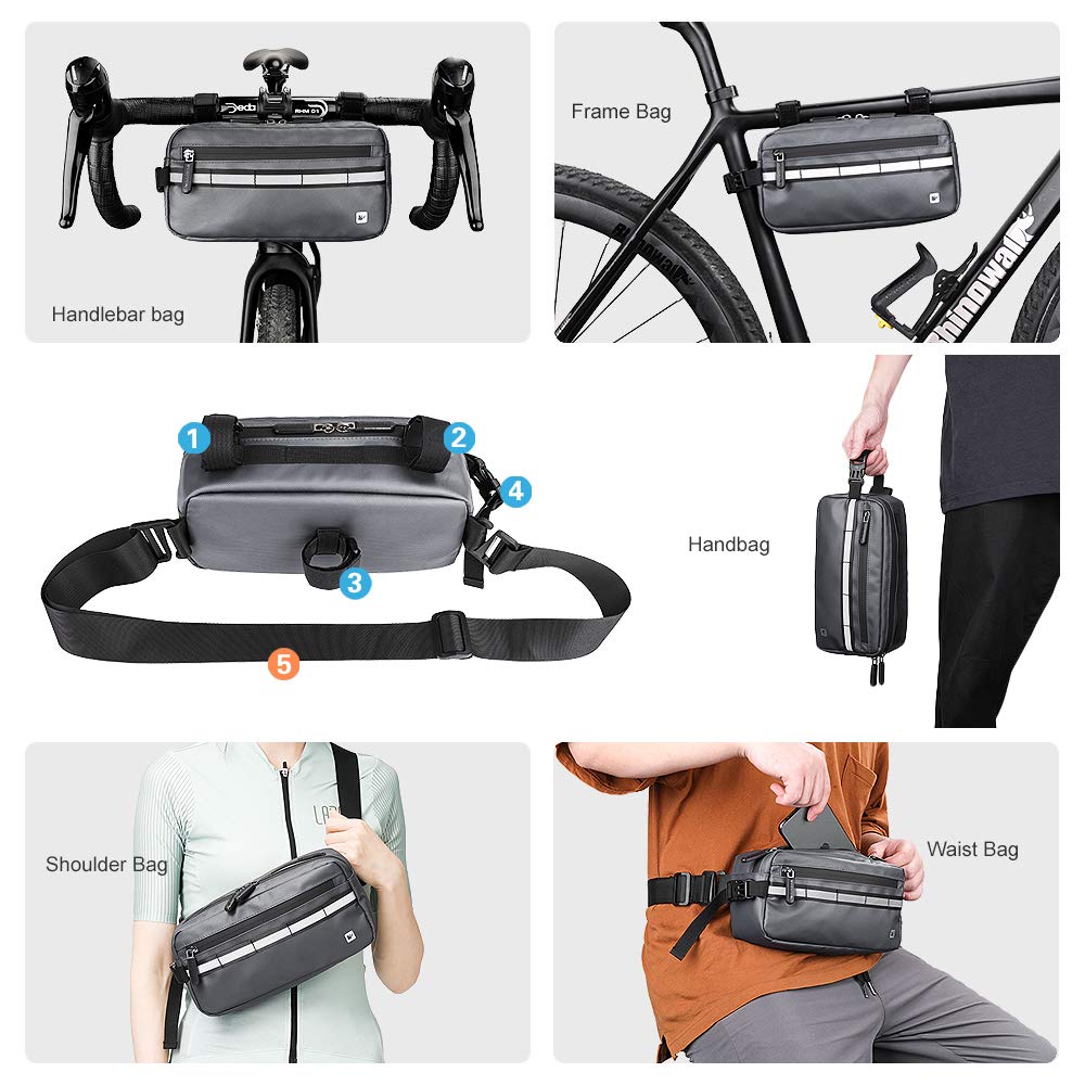 Rhinowalk Waterproof Bicycle Bag, Handlebar Bag, Bicycle Basket, Front Bag, Shoulder Bag, Waist Bag for Sports and Professional Cycling, Gray