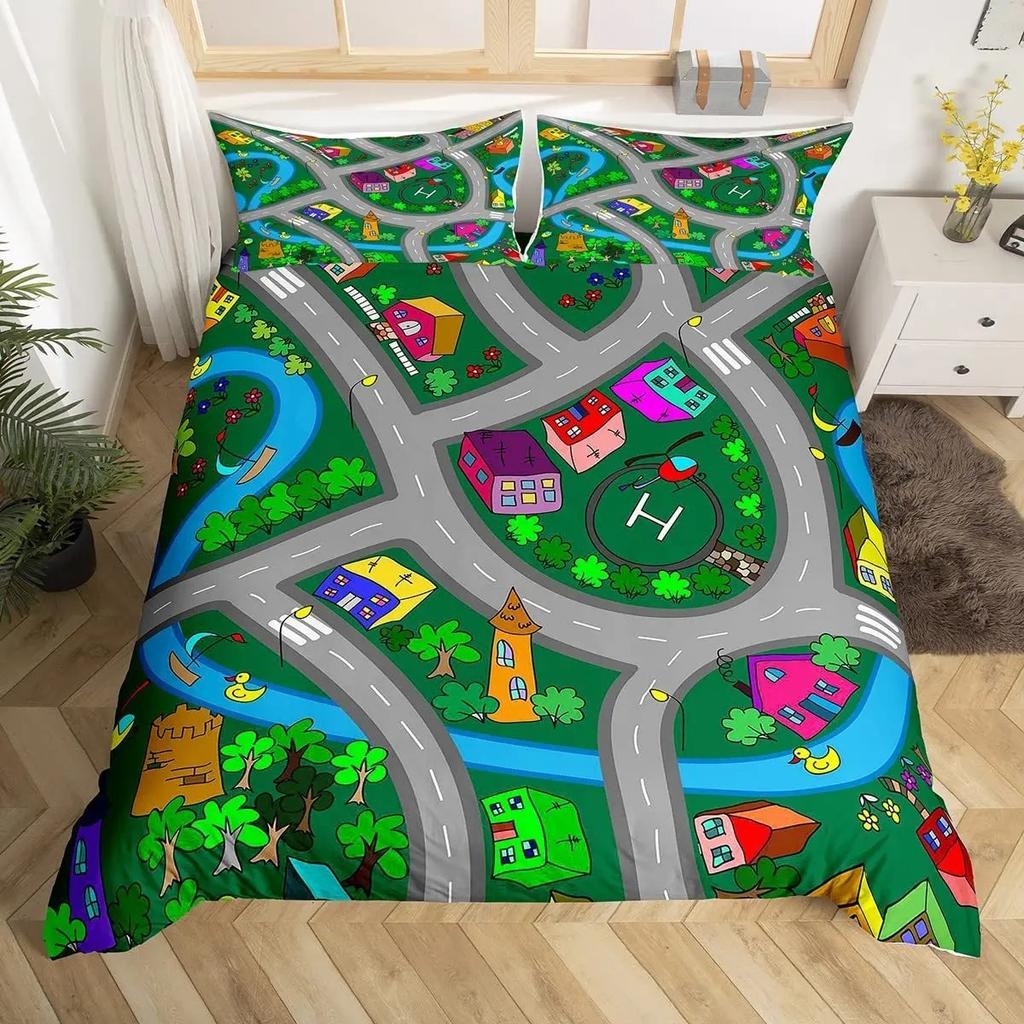 Детский мультяшный комплект пододеяльника с принтом машинок, комплект постельного белья с изображением города, улицы, дороги, из микрофибры, чехол для одеяла размера твин, квин