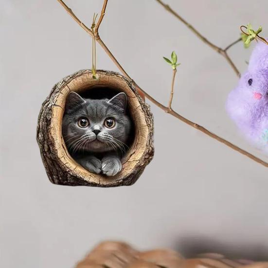 2D Кошка Украшение Подвесное Акриловая Кошка в Дупле Дерева Украшение Елочная Игрушка для Любителя Кошек Подарок Праздничный Декор