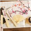6pcs Cherry Blossom Fabric Folding Fans - Japanese Style Handheld Fans with Pink & Black Floral Design, Elegant Wedding Party Favors & Home Decor