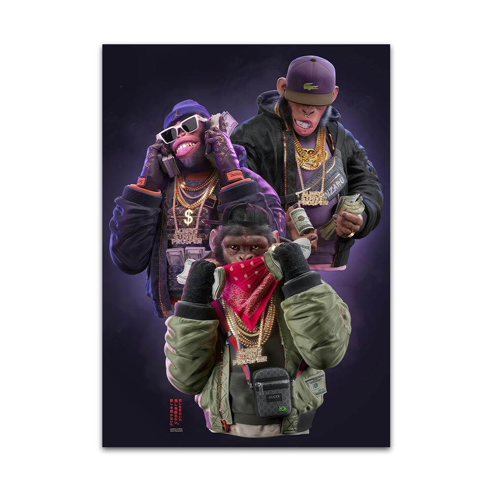 Богатые деньги, хип-хоп, горилла, плакат с принтом, крутая маска, солнцезащитные очки, обезьяна, холст, картина, забавное настенное художественное украшение в гостиной