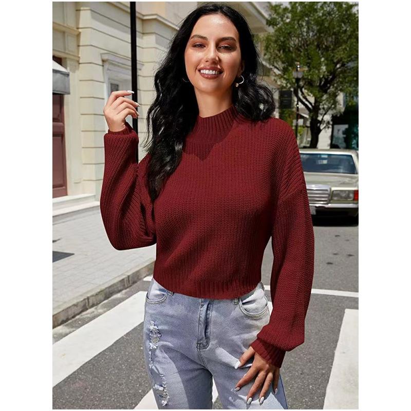 European and American lantern sleeve sweater autumn and winter new solid color versatile fashion semi-turtleneck short sweater women