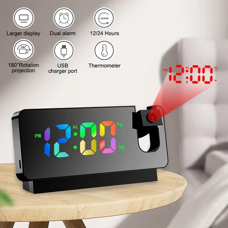 Multifunctional 180° Rotating Projection Creative Alarm Clock LED Silent Colour Screen Bedroom Ceiling Projection Gift