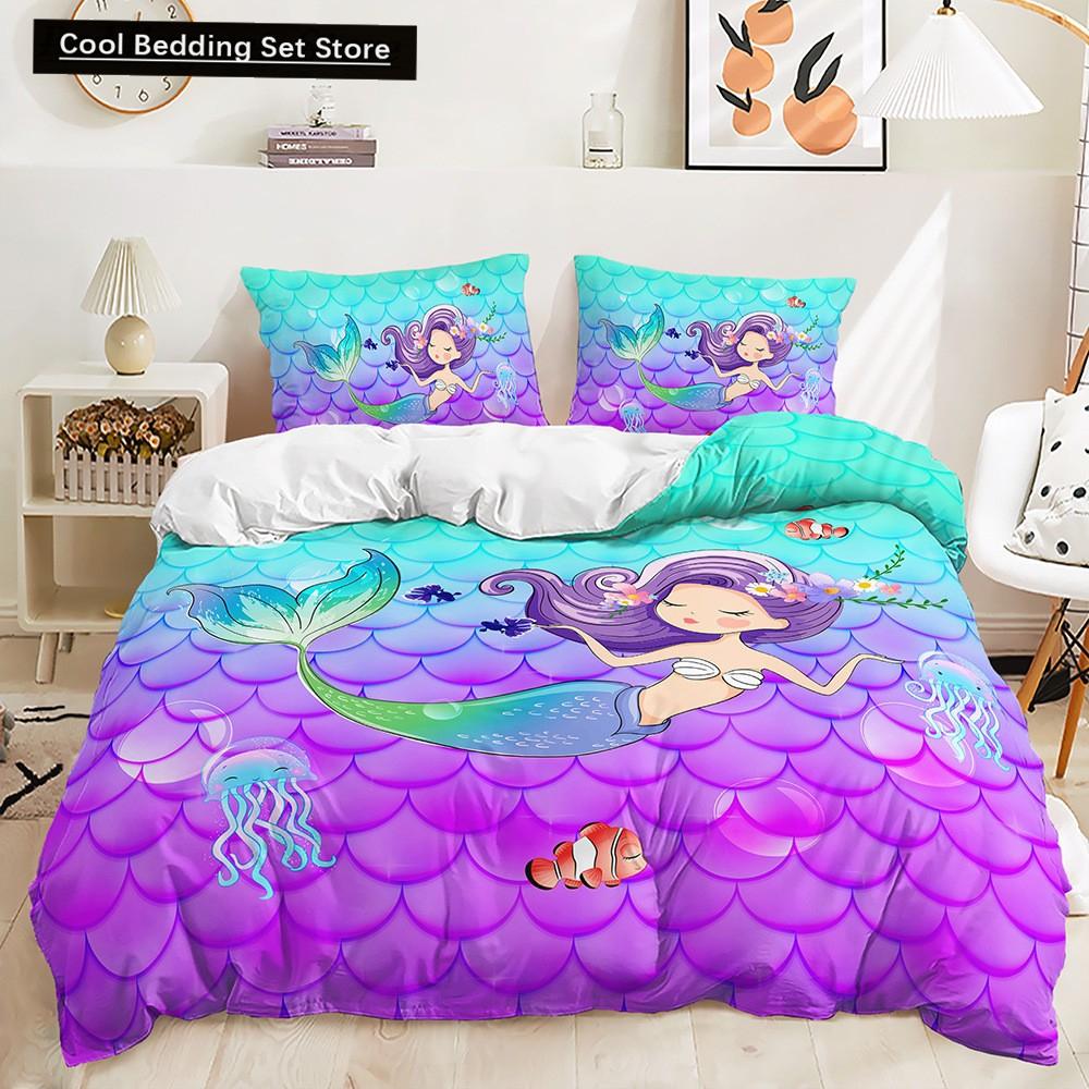 Красивый комплект постельного белья Rainbow Mermaid, комплект пододеяльника из полиэстера, односпальный комплект, двуспальный комплект одеяла Queen, комплект постельного белья для девочек и женщин