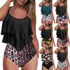 Split Fashion Print Double Ruffle Backless Swimming Costume With Bra Pads And No Steel Bra