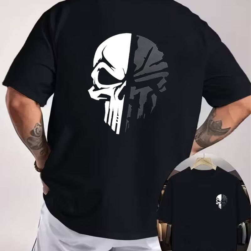 Retro Skull Pattern Motorcycle Double Sided Print T-Shirt Men's Summer Short-sleeved Round Neck