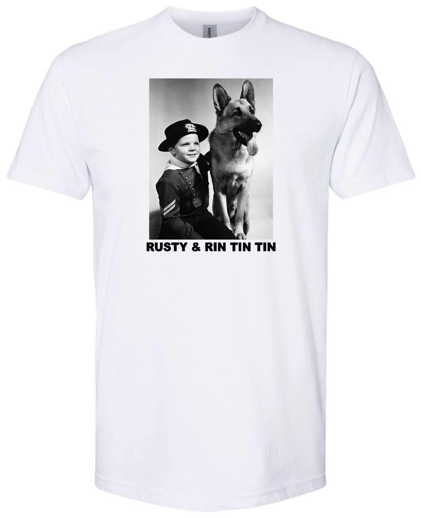 RIN TIN TIN & RUSTY RETRO 1950'S TV GERMAN SHEPHERD WHITE T-shirt Tops Tees Unisex