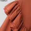 INCERUN Men Bow Tie Stand Neck Long Sleeve Ruffled Irregular Layers Tops Shirts