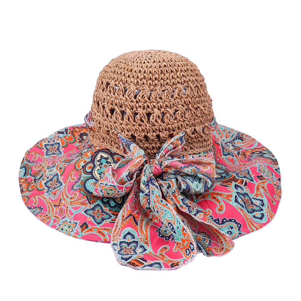Fashion Sun Hat For Women Holiday Beach Straw Hat Female Hollow Printed Bow Summer Big Brim Hat Fold Uv Protection Floppy Hat