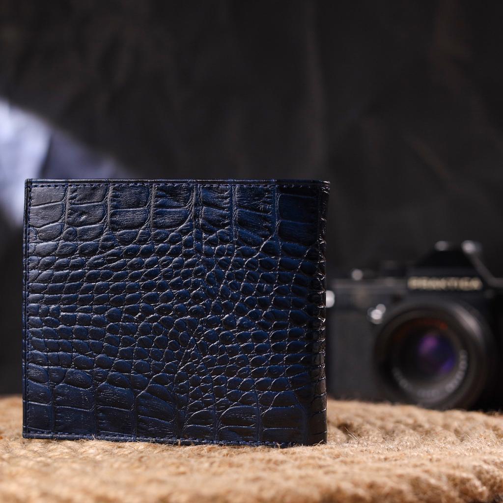Стильный мужской кошелек в два сложения из натуральной фактурной кожи с тиснением под крокодила CANPELLINI Purse 21580 Синий