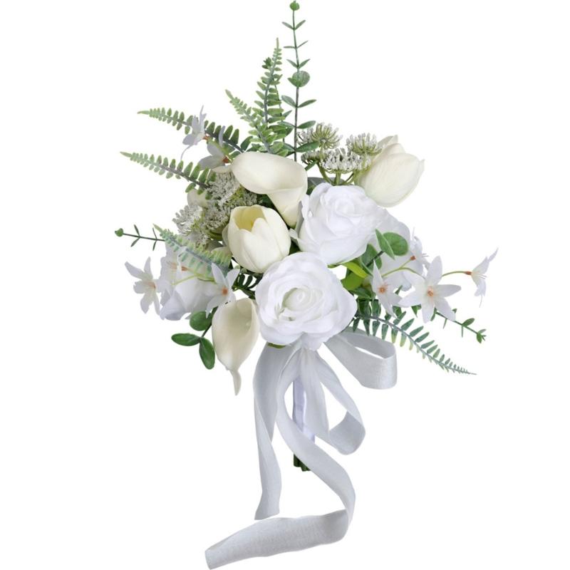 White Bridal Bouquets Wedding Bouquets with Ribbon for Bridal, Bridesmaids, Anniversary, Wedding Party Decorations