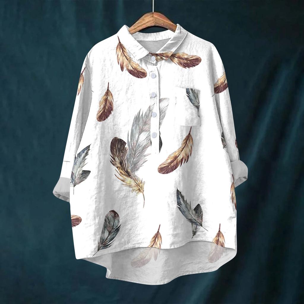 Женская рубашка-блузка с длинными рукавами и принтом на пуговицах, повседневный подол, нестандартный воротник рубашки