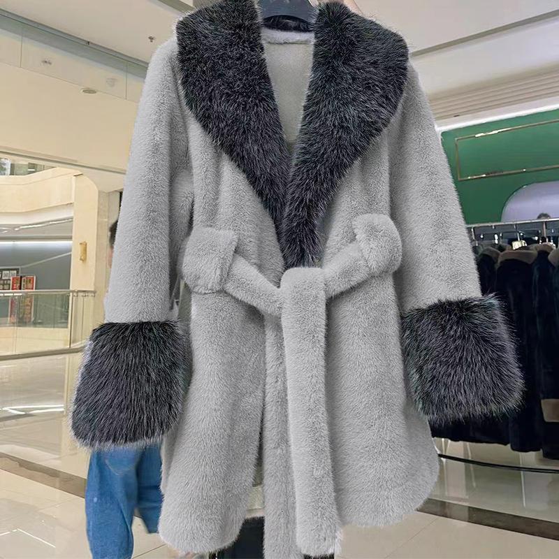 Однотонное искусственное меховое пальто средней длины для женщин, зимнее, с большим воротником из искусственного меха лисы и длинными рукавами, парки, модная верхняя одежда