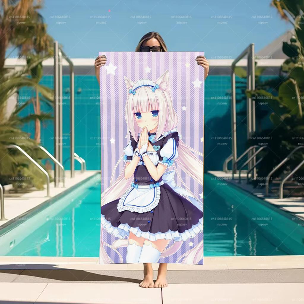 Пляжное полотенце с аниме-персонажем Ванилла из Nekopara, Быстросохнущее впитывающее банное полотенце, Мягкое полотенце из микрофибры для плавания и кемпинга
