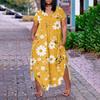 Женское платье макси с цветочным принтом, летнее повседневное платье с коротким рукавом, сарафан с V-образным вырезом, длинные платья с карманами, пляжный отдых
