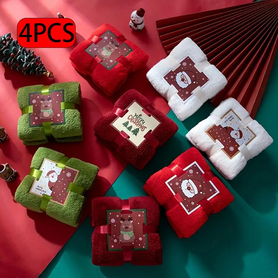 Набор полотенец на рождественскую тематику, 4 шт. - Праздничный дизайн с оленями/Санта-Клаусом/елкой, Идеально для праздничных подарков