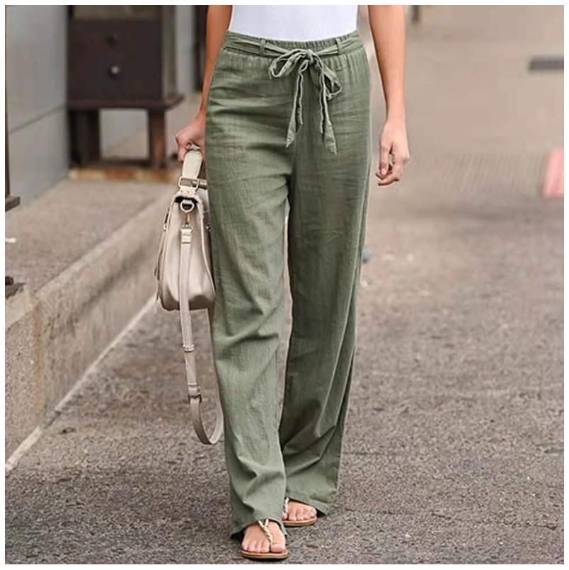 Женские льняные хлопковые брюки, осенние повседневные однотонные прямые брюки с эластичной резинкой на талии, свободные длинные брюки 2021