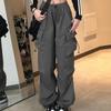 Streetwear Drawstring Wide Leg Pants Women High Waist Cargo Pants Casual Vintage Pockets Hip Hop Straight Ladies Trouser 29652