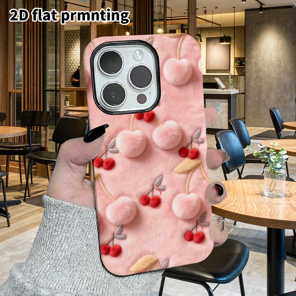Phone Case: 2D flat design suitable for iPhone 18 17 16 15 14 13 Pro film protective case, couple style, plush cherry, Christmas and Halloween gift