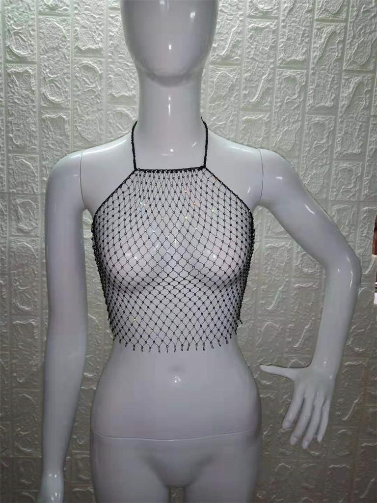 Сетка флэш алмазная блузка прыгающая прозрачная сексуальная грудь обертывание жилет для женщин