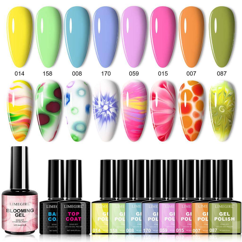 8 Color Marbling Gel Nail Polish Set, Trending Colors Soak Off Gel Nail Art Kit with No Wipe Top Coat
