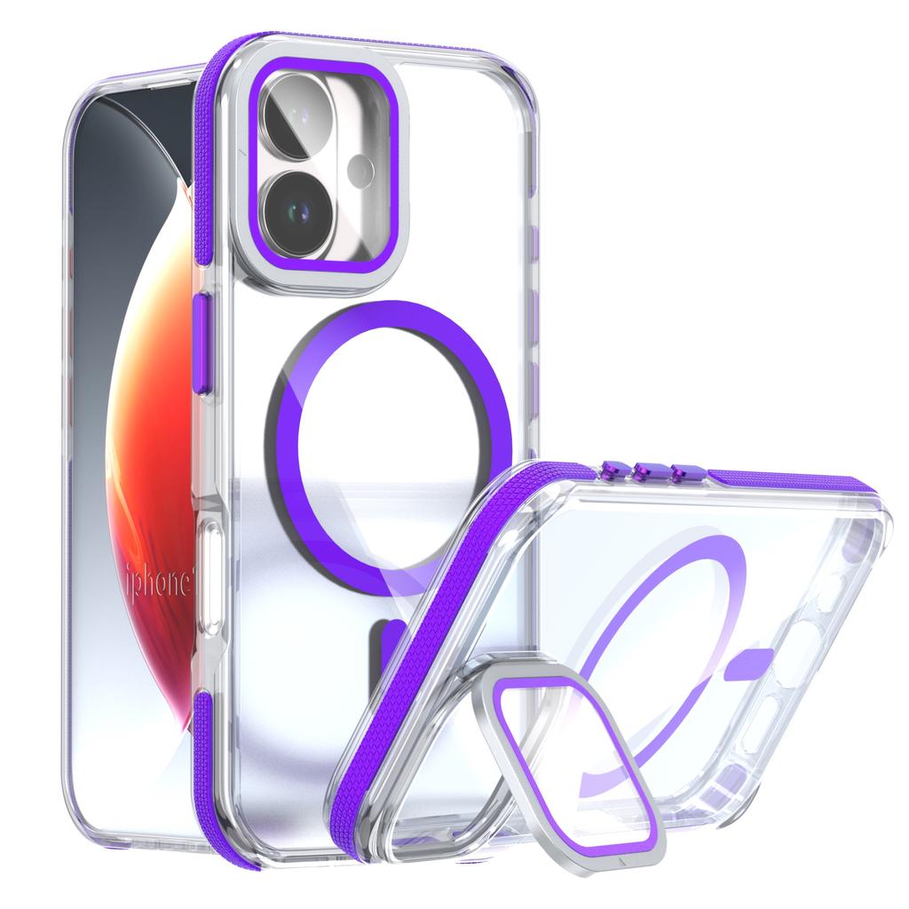 For iPhone 17 Magnetic Case TPU Acrylic Clear Phone Back Cover with Lens Protector Kickstand