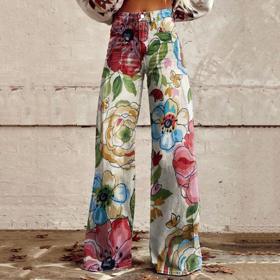 Women Jeans Button Zipper Fly Straight Leg Denim Pants with Pockets Digital Flower Print Long Trousers Streetwear