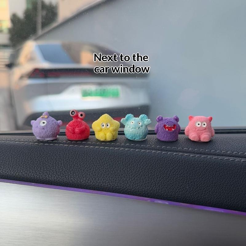 6Pcs Cute Fuzzy Monster Colorful Mini Cartoon Figurines Car Dashboard Ornaments for Child Small Gifts