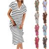 Women's Fashion V-Neck Striped Low Split Lapel Long Sleeveless Casual Dresses