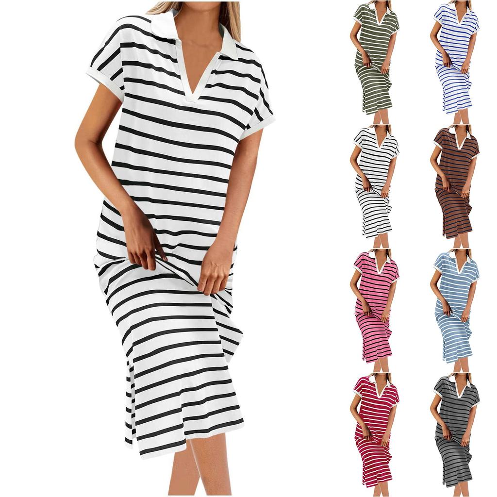 Women's Fashion V-Neck Striped Low Split Lapel Long Sleeveless Casual Dresses
