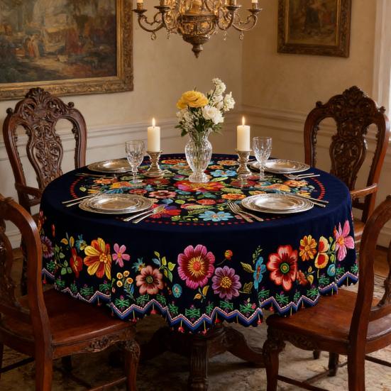 Мексиканская скатерть с цветочным принтом, круглая, с фестончатым краем, красочная скатерть с узором в стиле народного искусства для дома, фермерского дома, обеденного стола