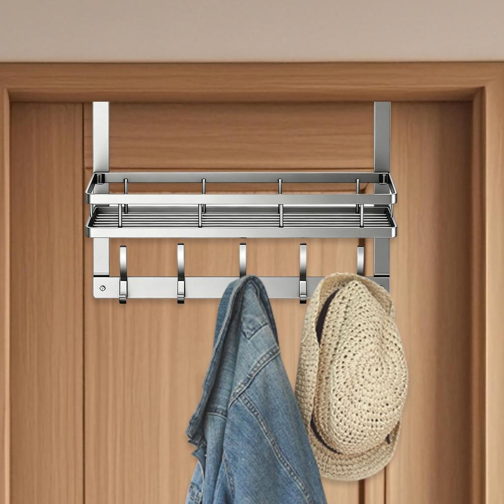Over The Door Organizer Carbon Steel Bathroom Door Towel Rack No Drilling Hanging Rack With Basket And Hooks For Clothes Bag Key