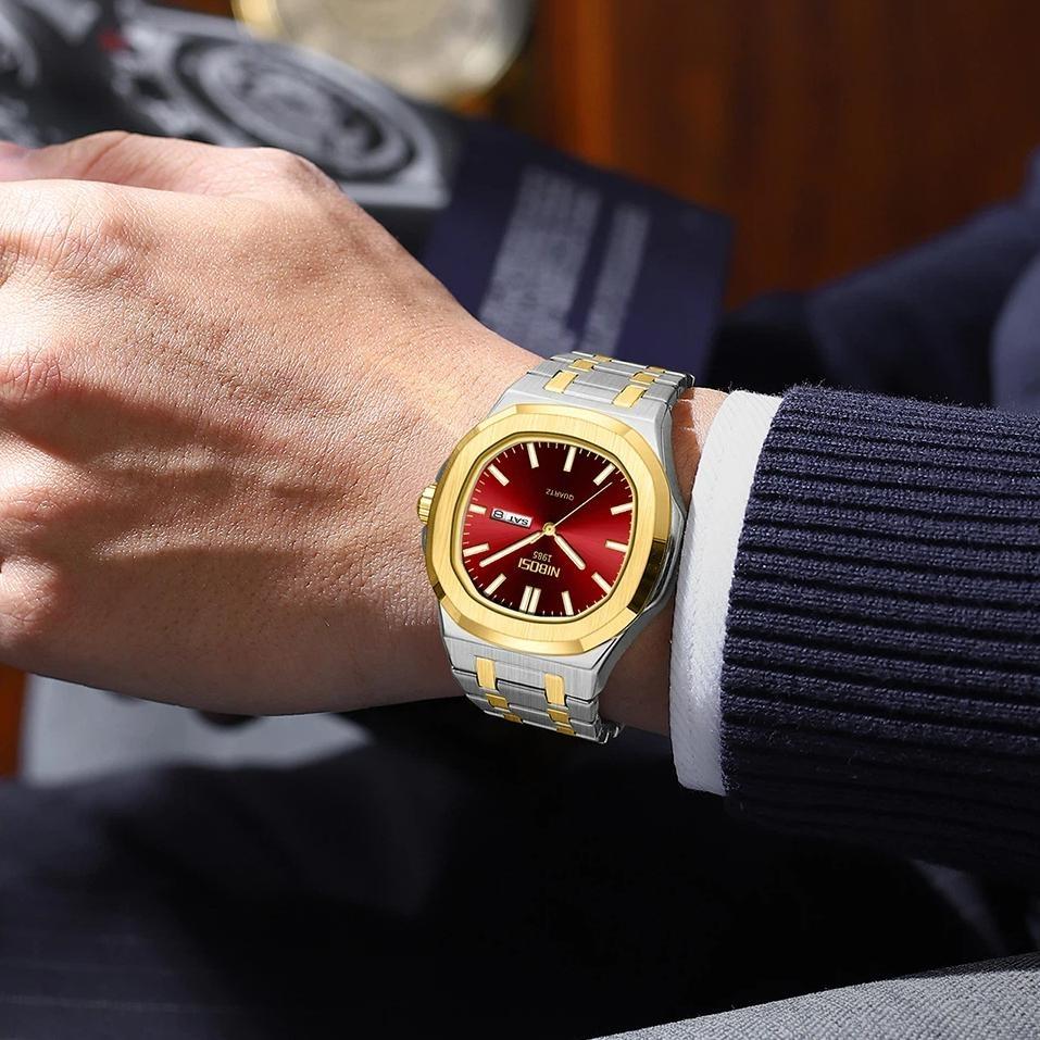 Mens Octagonal Dial Watch Stainless Steel Bracelet Luminous Day Calendar Waterproof Casual Quartz Watch