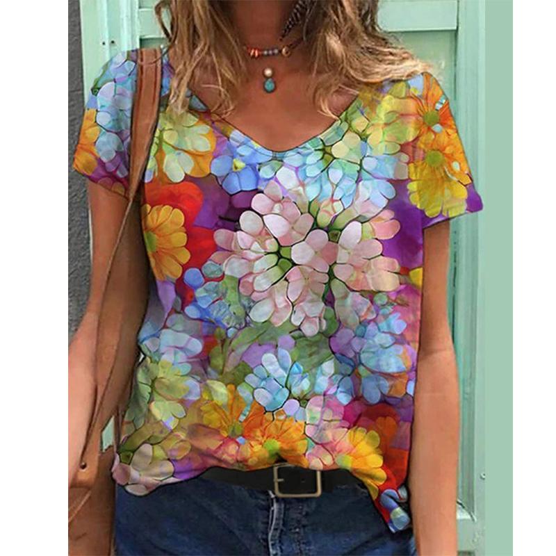Новая футболка с цветочным принтом 3D, женская футболка с V-образным вырезом и коротким рукавом, топы Y2k, уличная одежда, футболки больших размеров в стиле Харадзюку, женская одежда