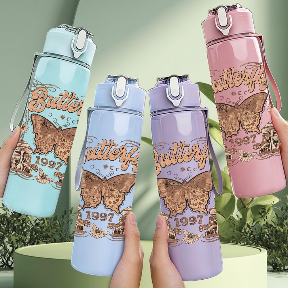 1PC Butterfly Vintage Ornate Frame Print 750ml Color Plastic Sports Water Bottle Leakproof Flip Straw Lid Suitable for Sports Office Home Use